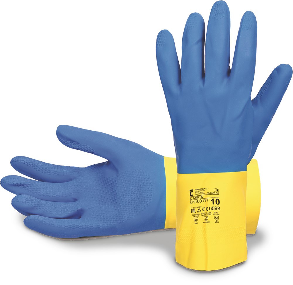 Manusi protectie chimica CERVA Caspia, latex, imersate in neopren, marimea 10, albastru-galben