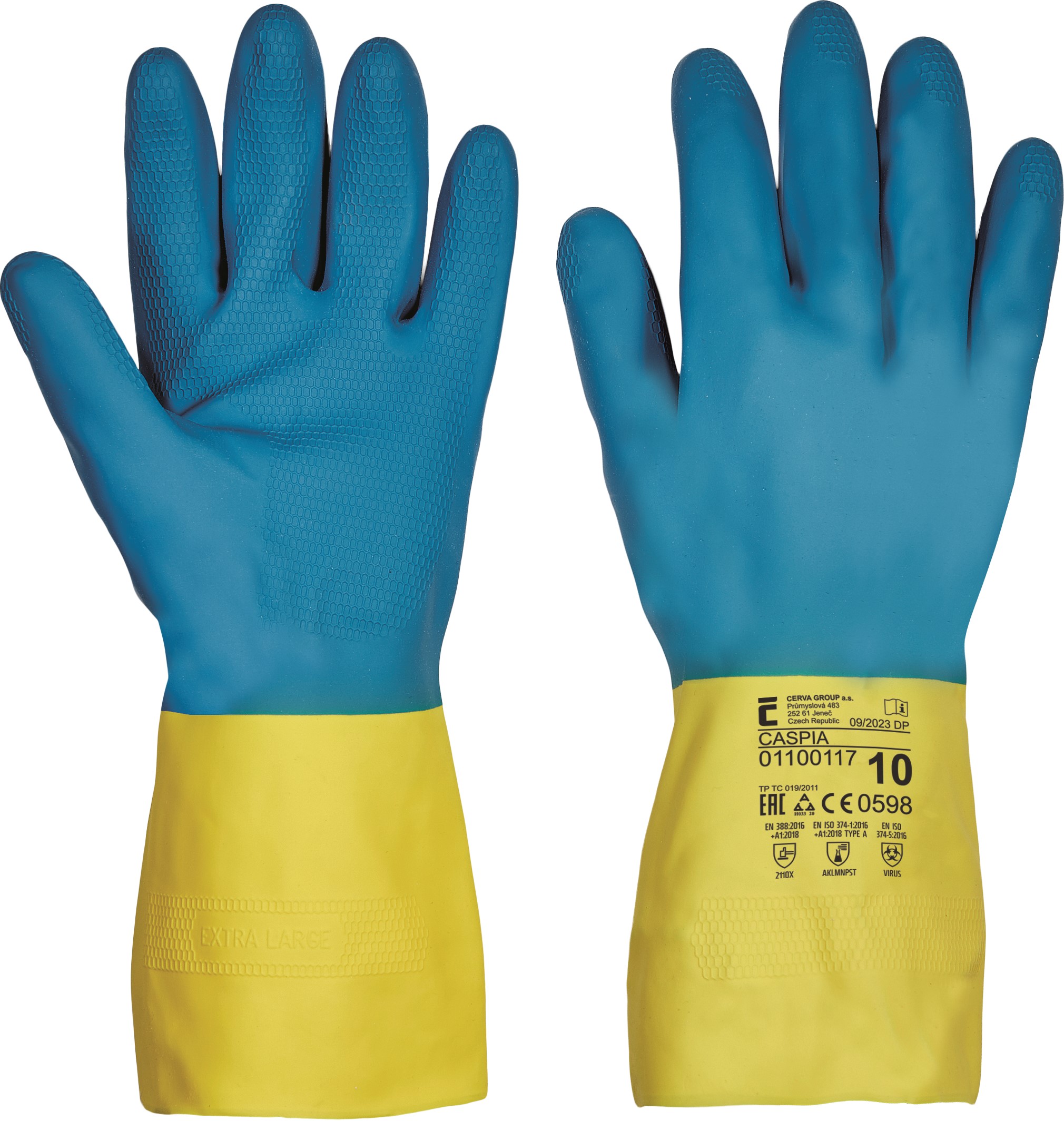 Manusi protectie chimica CERVA Caspia, latex, imersate in neopren, marimea 10, albastru-galben