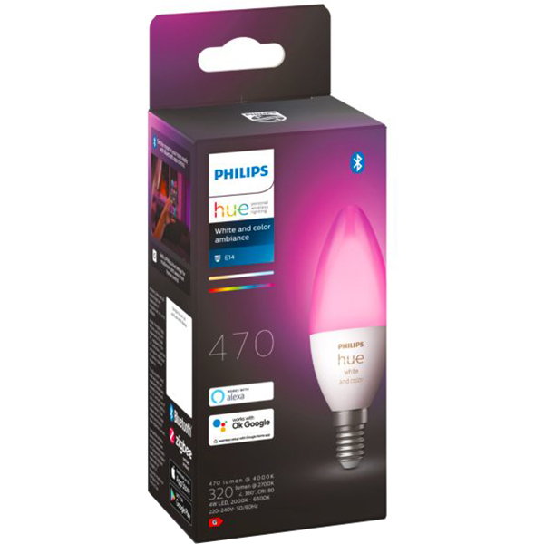 Bec LED Smart PHILIPS Hue 8719514356610, E14, 5.3W, 470lm, lumina variabila 