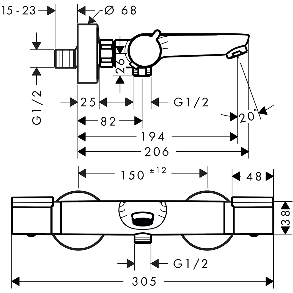 Baterie cada-dus HANSGROHE Versostat2 15348000, termostat, alama, crom
