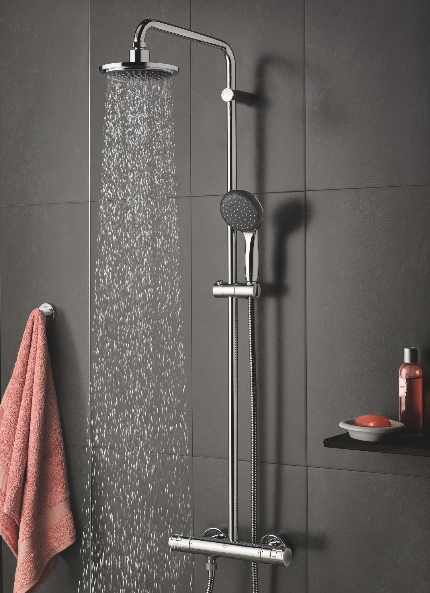 Set de dus reglabil Grohe Vitalio Start, baterie monocomanda, crom, cu termostat