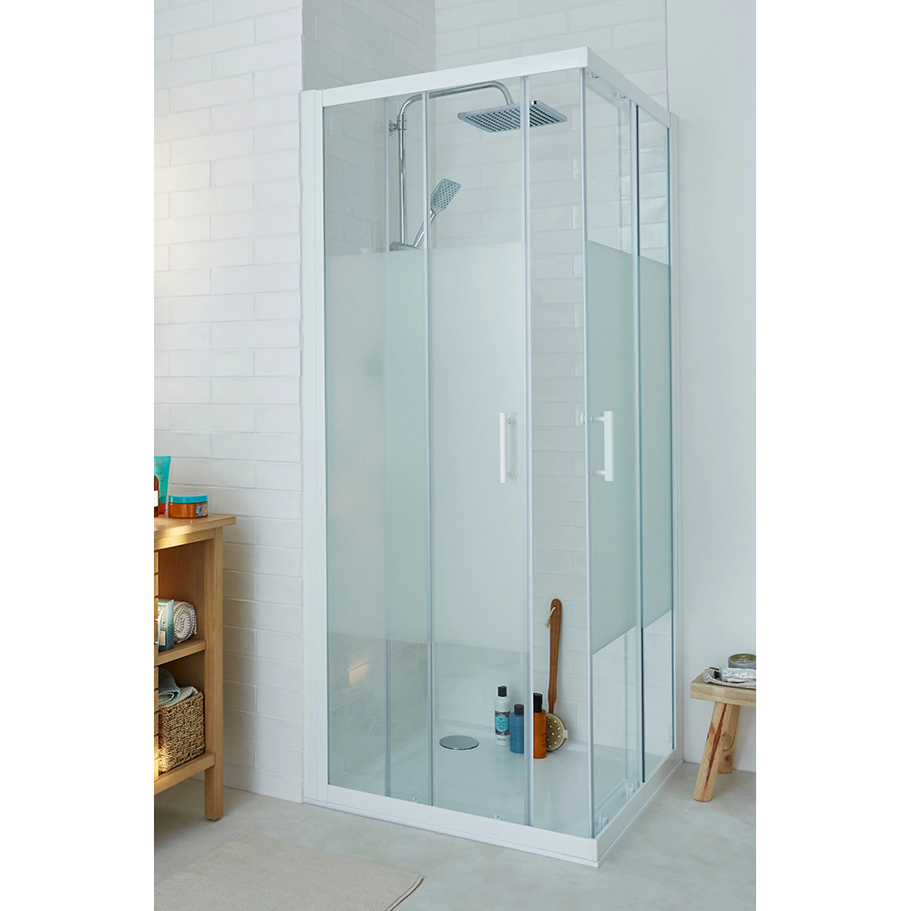 Cabina dus standard COOKE & LEWIS Onega, patrata, profil aluminiu, sticla opaca, 80 x 80 x 190 cm, alb