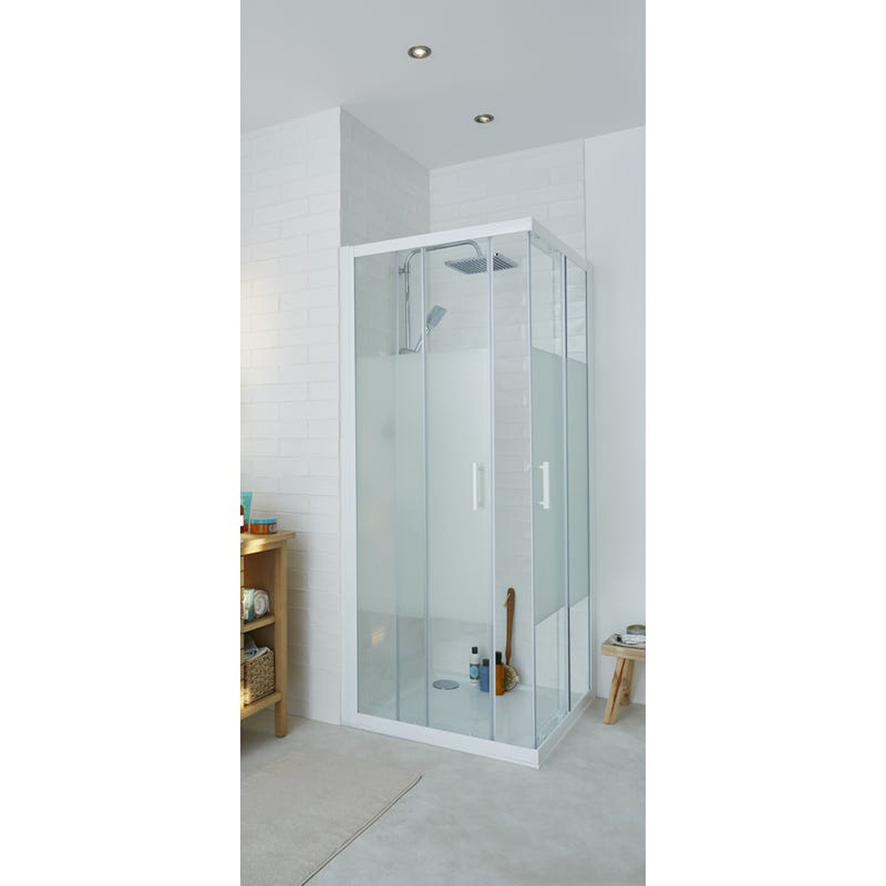 Cabina dus standard COOKE & LEWIS Onega, patrata, profil aluminiu, sticla opaca, 90 x 90 x 190 cm, alb