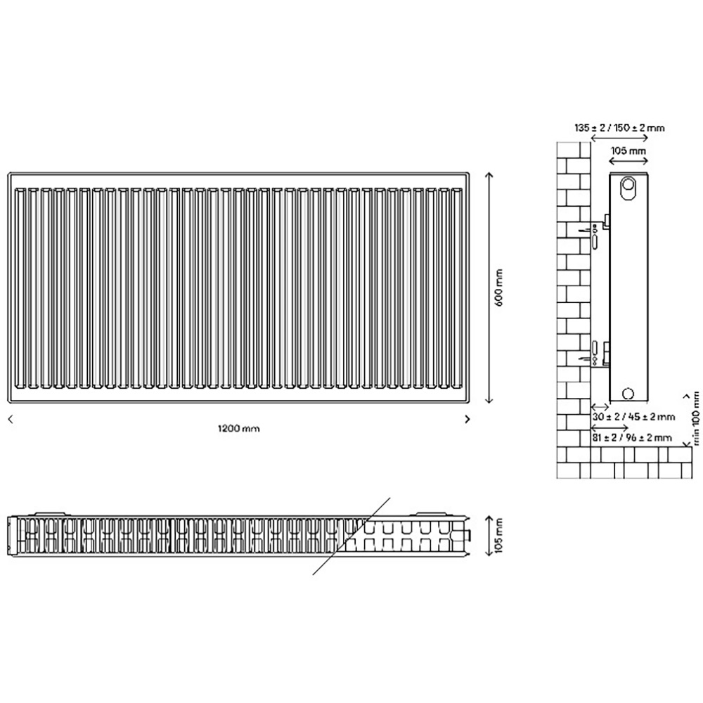 Radiator BLYSS, 600 x 1200 mm, 1640 W, otel T22, alb