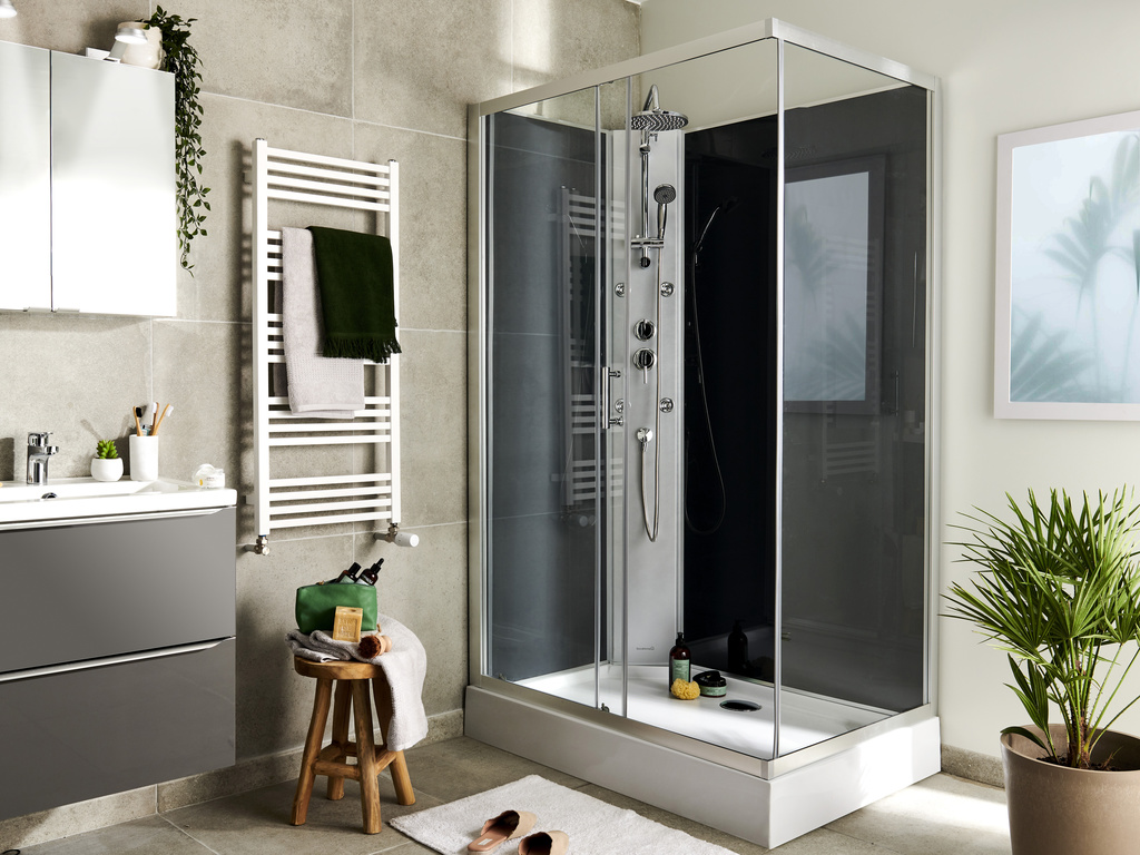 Cabina dus cu hidromasaj GoodHome Onega, dreptunghiulara, 80 x 120 x 225 cm, sticla securizata, profll argintiu