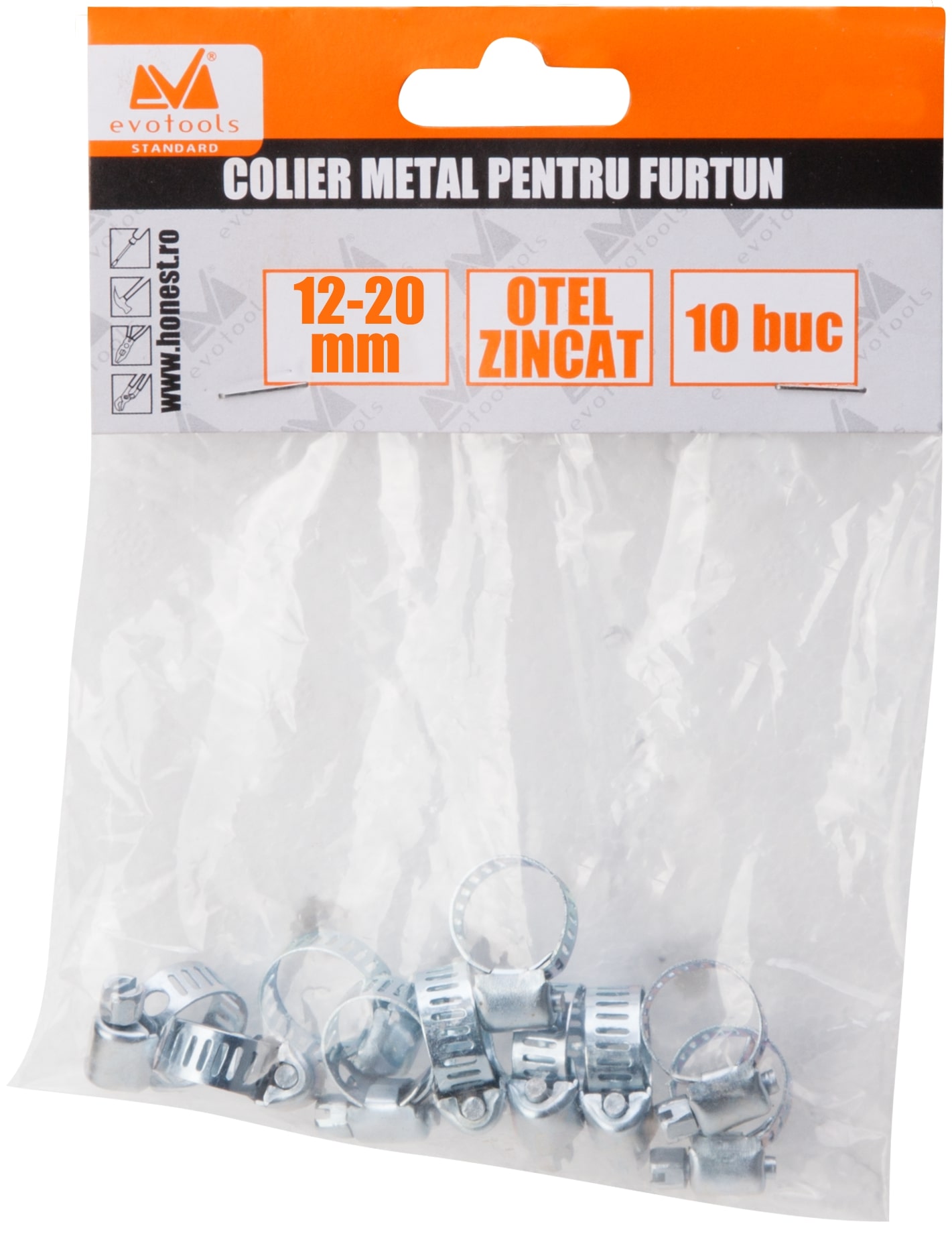 Colier metalic reglabil pt furtun EVOTOOLS, 12 - 20mm, argintiu, 10buc