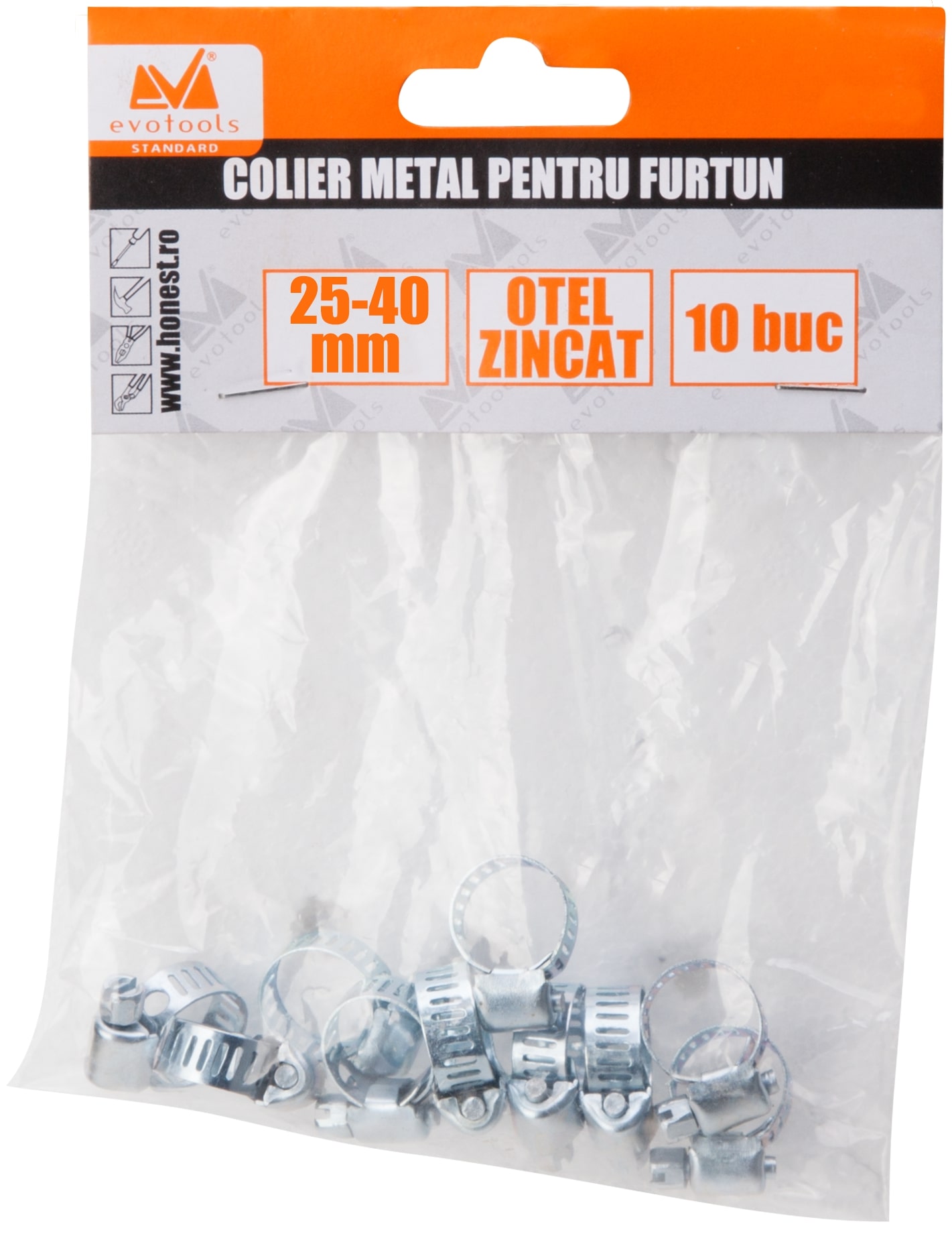 Colier metalic reglabil pt furtun EVOTOOLS, 25 - 40mm, argintiu, 10buc