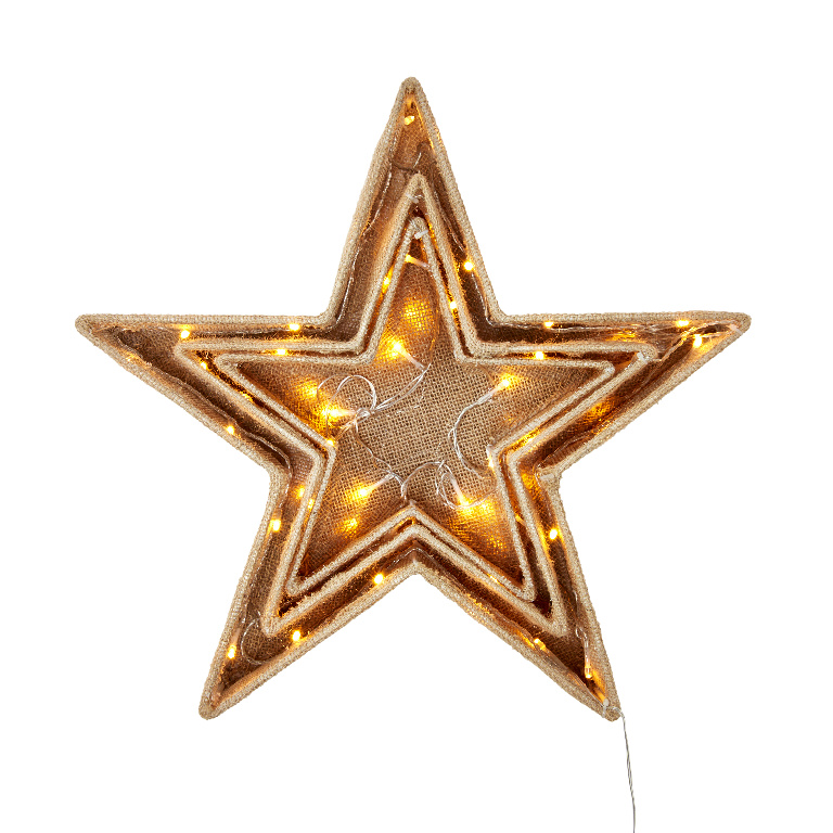 Set 3 stelute 10 LED-uri HESSIAN, 50 cm, iuta si metal, maro, lumina alb cald