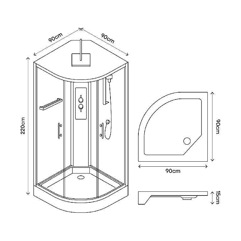 Cabina dus cu hidromasaj GOODHOME Beloya, semirotunda, profil metalic cromat, sticla securizata, 90 x 90 x 220 cm, alb/gri