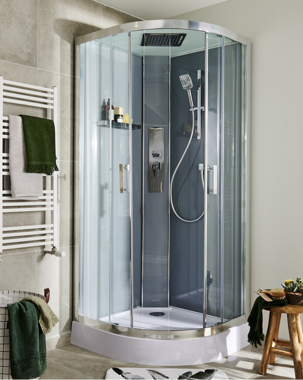 Cabina dus cu hidromasaj GOODHOME Beloya, semirotunda, profil metalic cromat, sticla securizata, 90 x 90 x 220 cm, alb/gri