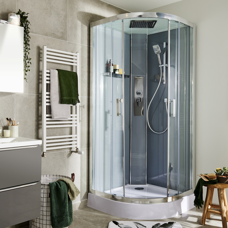 Cabina dus cu hidromasaj GOODHOME Beloya, semirotunda, profil metalic cromat, sticla securizata, 90 x 90 x 220 cm, alb/gri