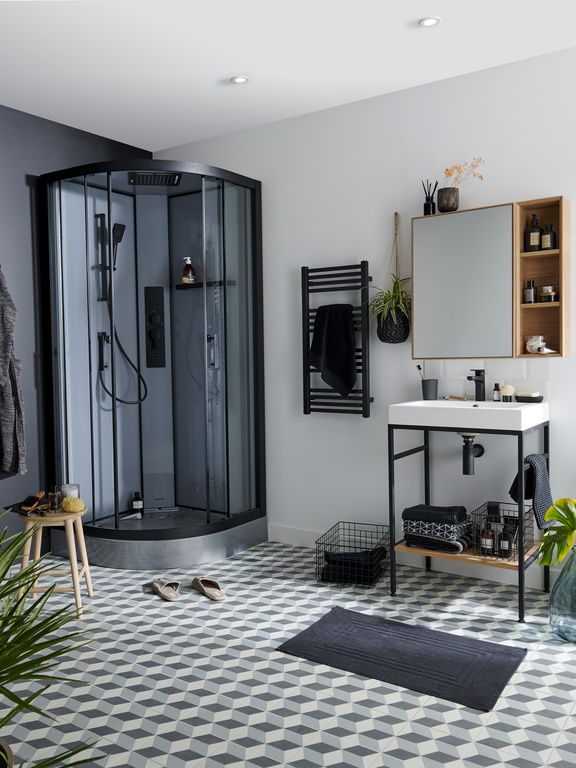 Cabina dus cu hidromasaj GOODHOME Beloya, semirotunda, profil metalic, sticla securizata, 90 x 90 x 220 cm, gri/negru