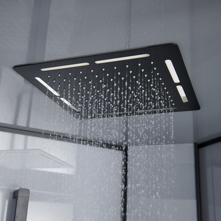 Cabina dus cu hidromasaj GOODHOME Beloya, semirotunda, profil metalic, sticla securizata, 90 x 90 x 220 cm, gri/negru