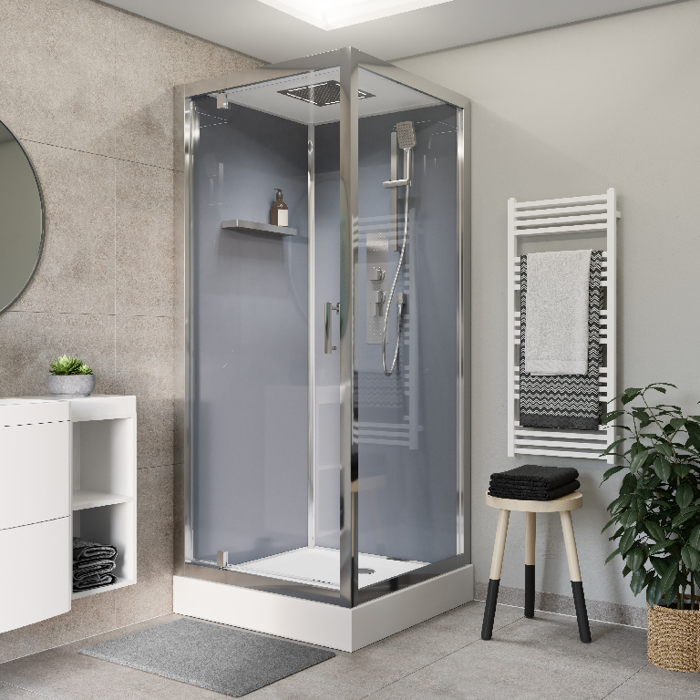 Cabina dus cu hidromasaj GOODHOME Beloya, patrata, profil metalic, sticla securizata, 90 x 90 x 220 cm, gri/alb