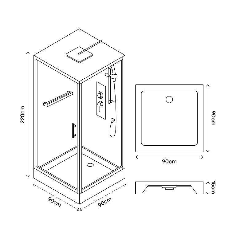 Cabina dus cu hidromasaj GOODHOME Beloya, patrata, profil metalic, sticla securizata, 90 x 90 x 220 cm, gri/alb