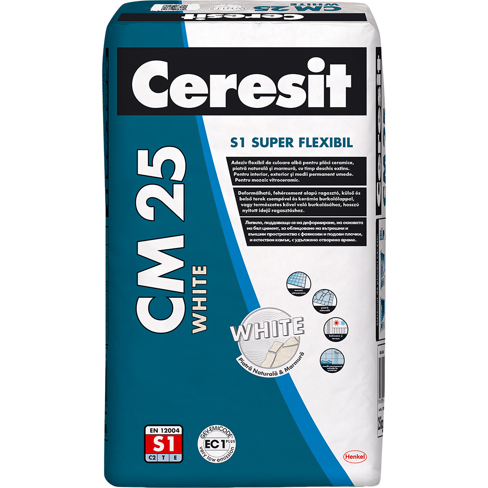 Adeziv super flexibil pentru gresie si faianta CERESIT CM 25, alb, interior/exterior, 25 kg