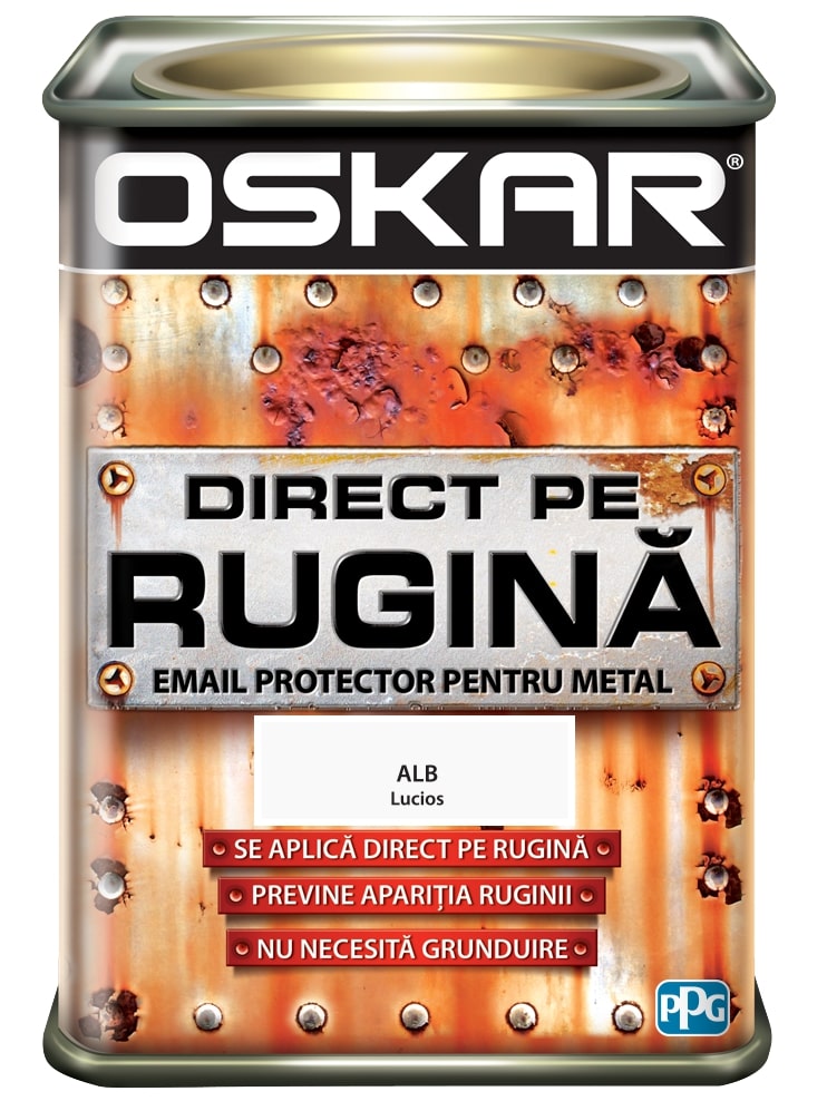 Email direct pe rugina, pentru metal, interior/exterior, culoare alb lucios, 0.5 L Oskar