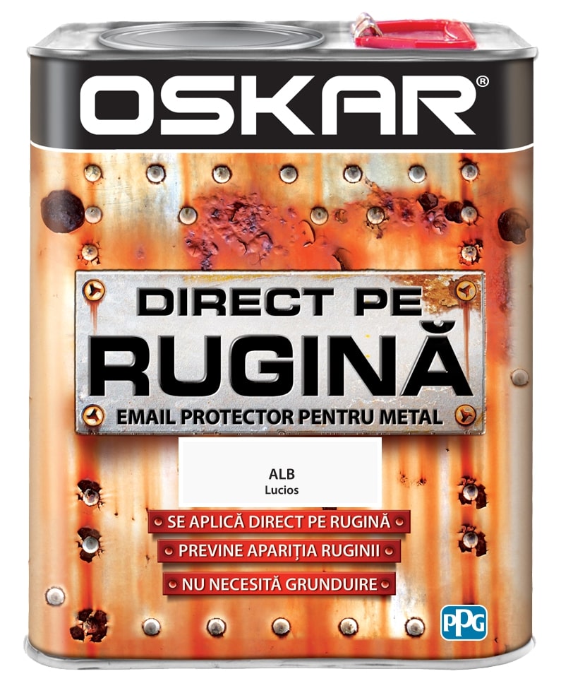 Email direct pe rugina, pentru metal, interior/exterior, culoare alb lucios, 2.5 L Oskar