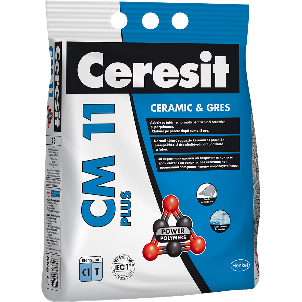 Adeziv standard pentru gresie si faianta CERESIT CM 11 Plus, gri, interior/exterior, 5 kg