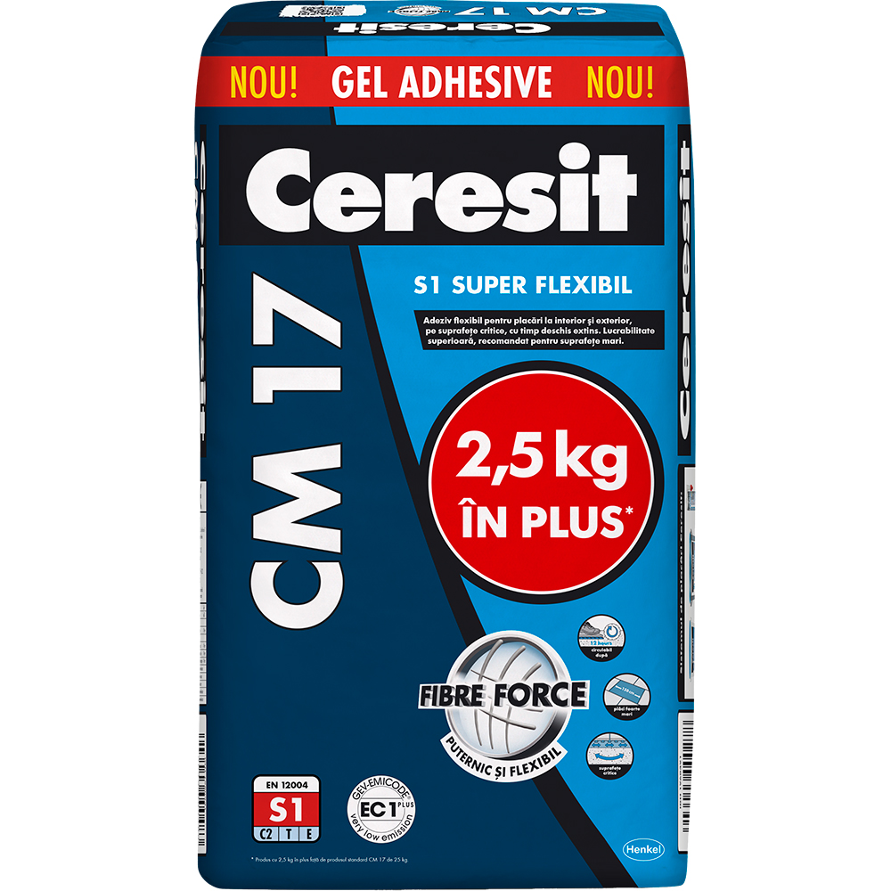 Adeziv super flexibil pentru gresie si faianta CERESIT CM 17, gri, interior/exterior, 27.5 kg