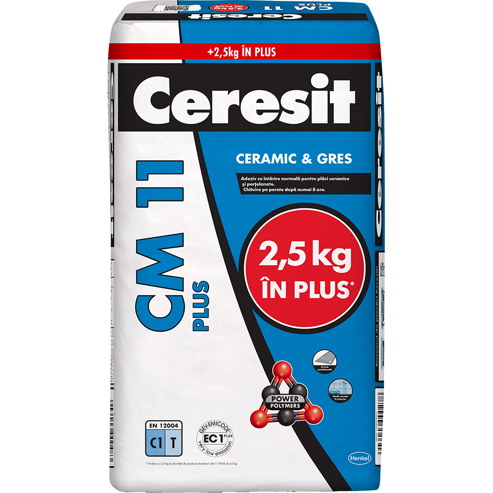 Adeziv standard pentru gresie si faianta CERESIT CM 11 Plus, gri, interior/exterior, 27.5 kg