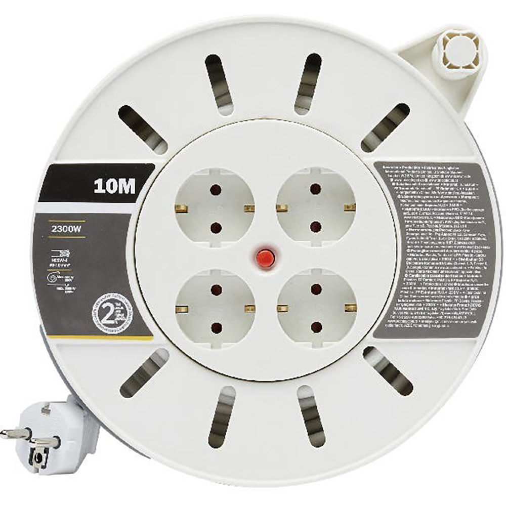 Prelungitor DIALL H05VV-F, 4 prize Schuko, 10 m, 1.0 mm, cu tambur, negru/alb