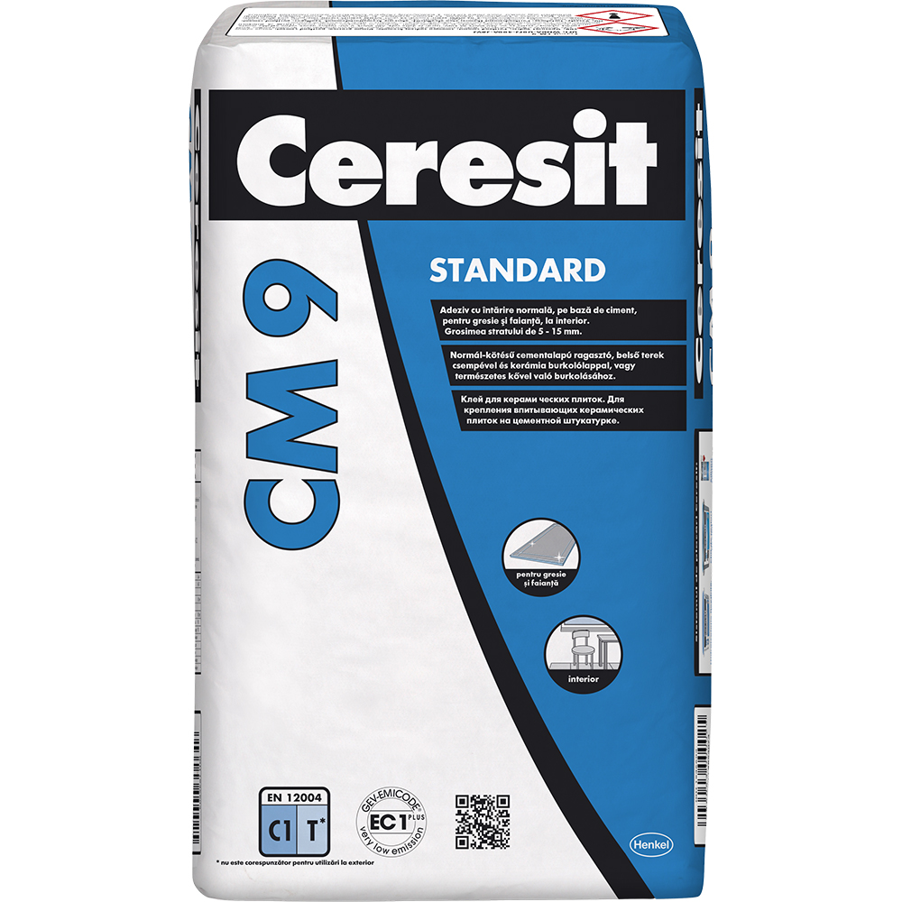 Adeziv standard pentru gresie si faianta CERESIT CM 9, gri, interior, 25 kg