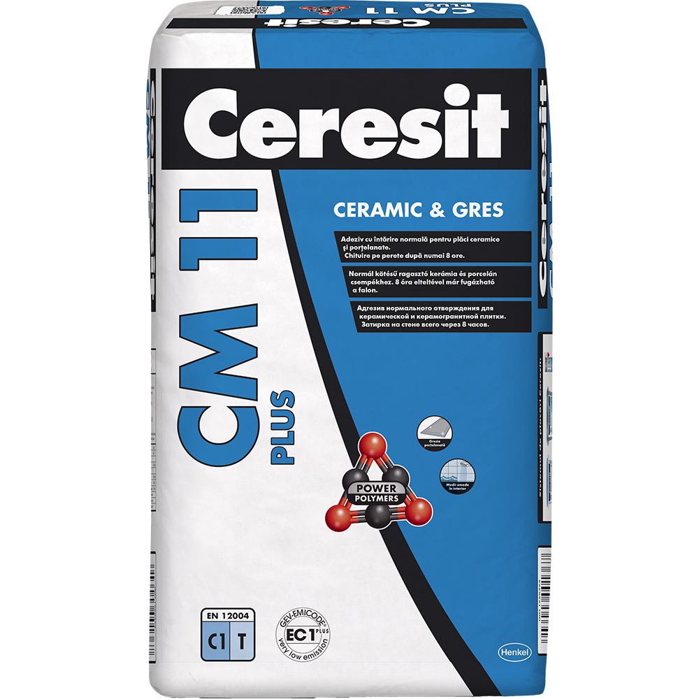 Adeziv standard pentru gresie si faianta CERESIT CM 11 Plus, gri, interior/exterior, 25 kg