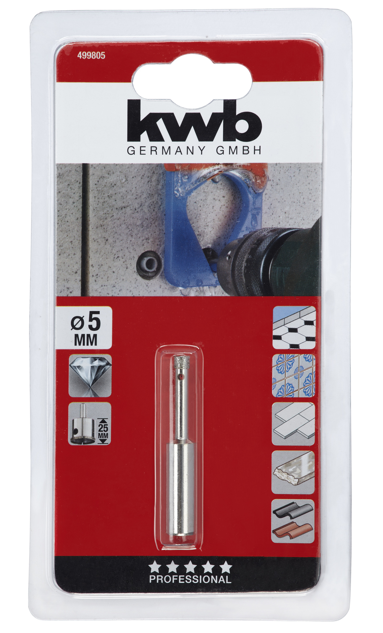 Carota diamantata KWB, 5 x 25 mm, pentru gresie si piatra