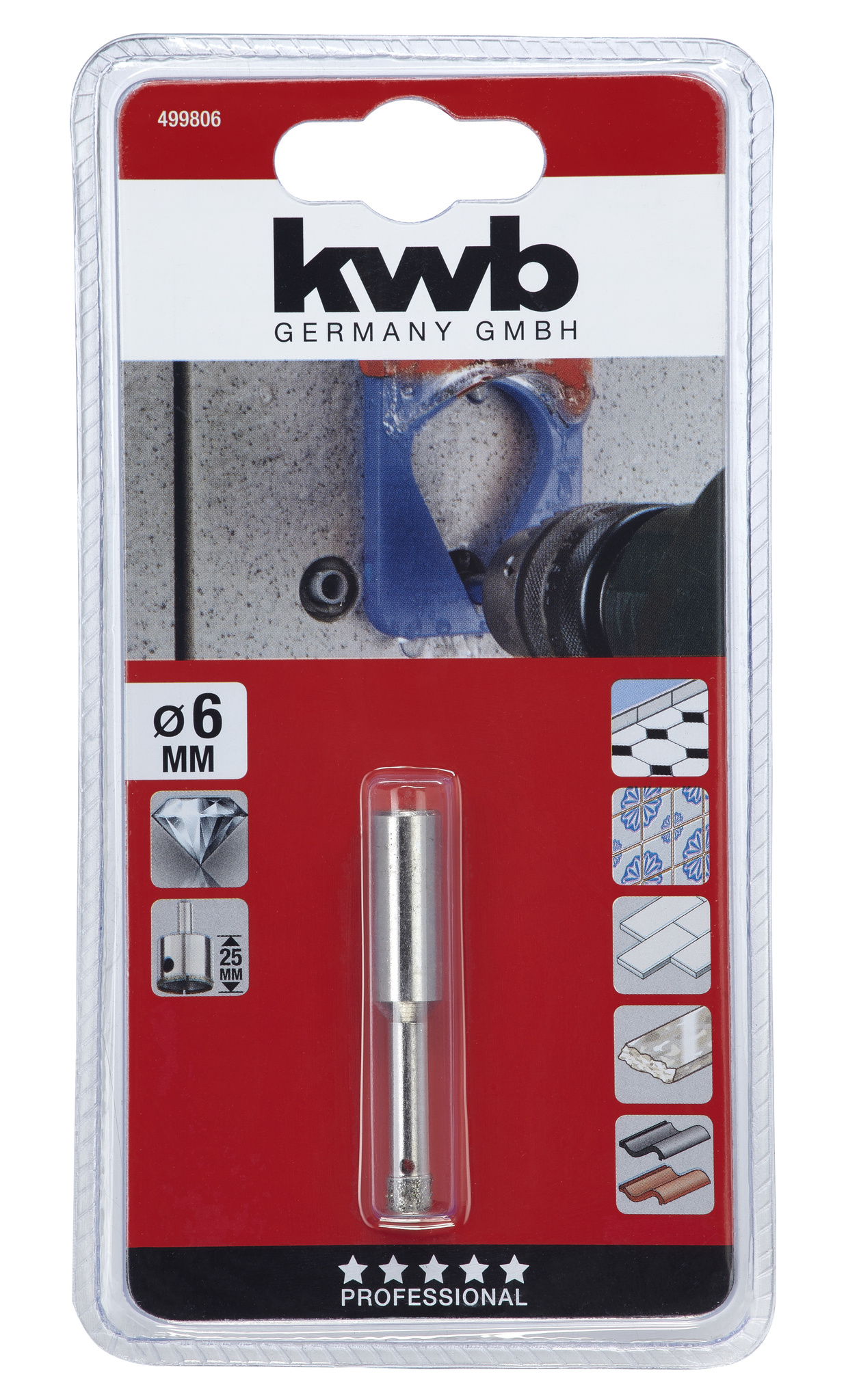 Carota diamantata KWB, 6 x 25 mm, pentru gresie, marmura si ceramica