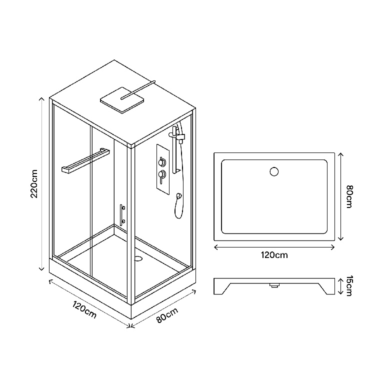 Cabina dus hidromasaj standard GOODHOME Beloya, dreptunghiulara, profil metalic, sticla securizata, 120 x 80 x 220 cm, alb/gri
