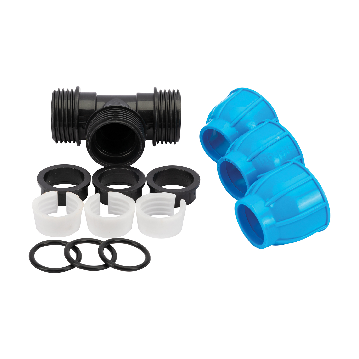 Teu compresiune egal PEHD, 32mm, filet , polipropilena, negru-albastru