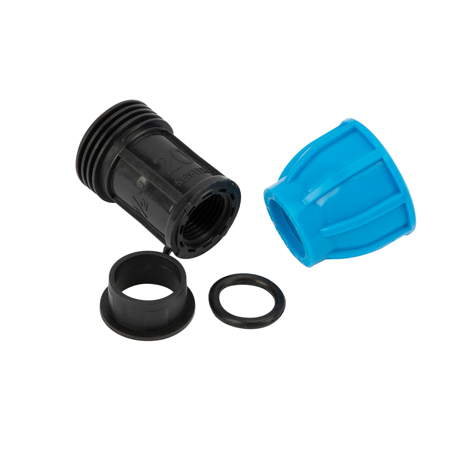 Racord compresiune egal PEHD, 20mm, filet interior, 1/2", polipropilena, negru-albastru
