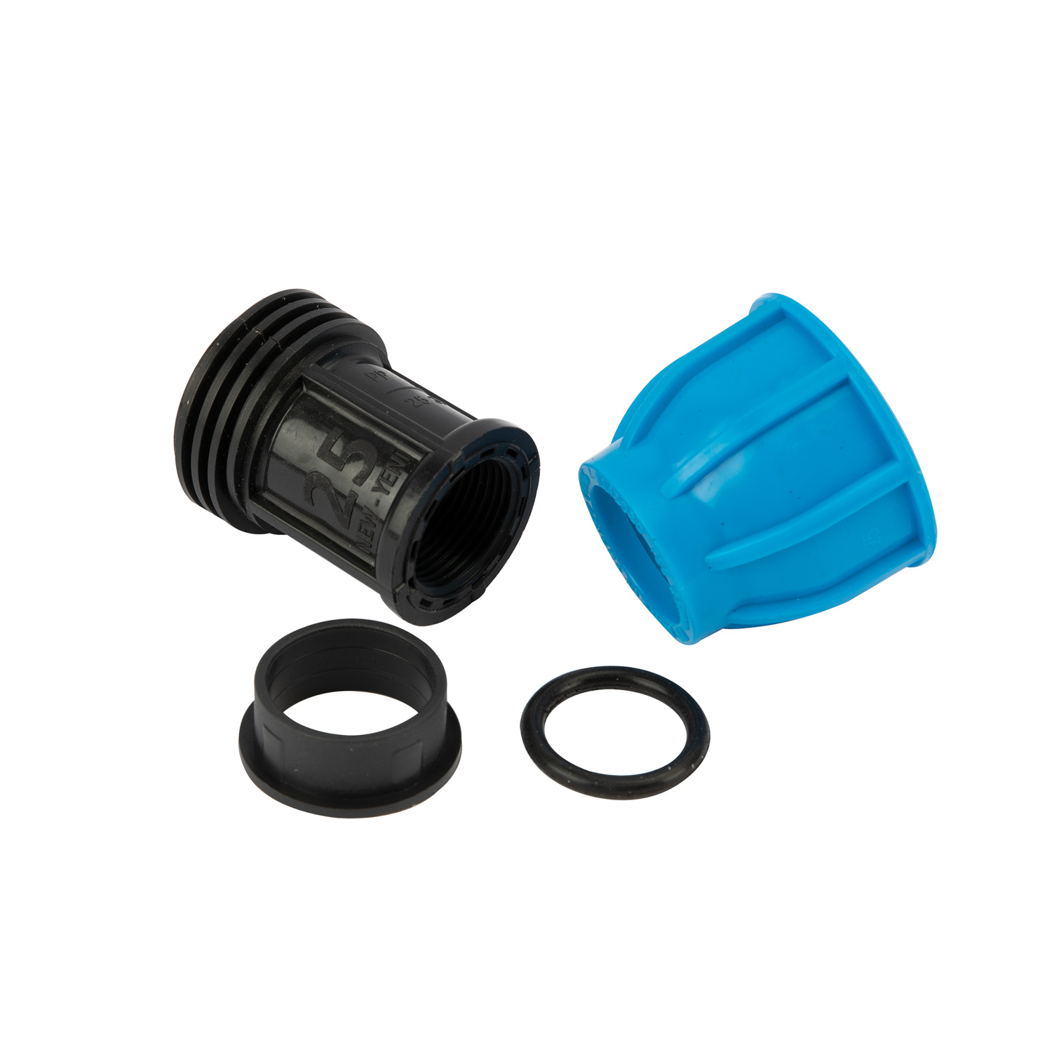 Racord compresiune egal PEHD, 25mm, filet interior, 3/4", polipropilena, negru-albastru
