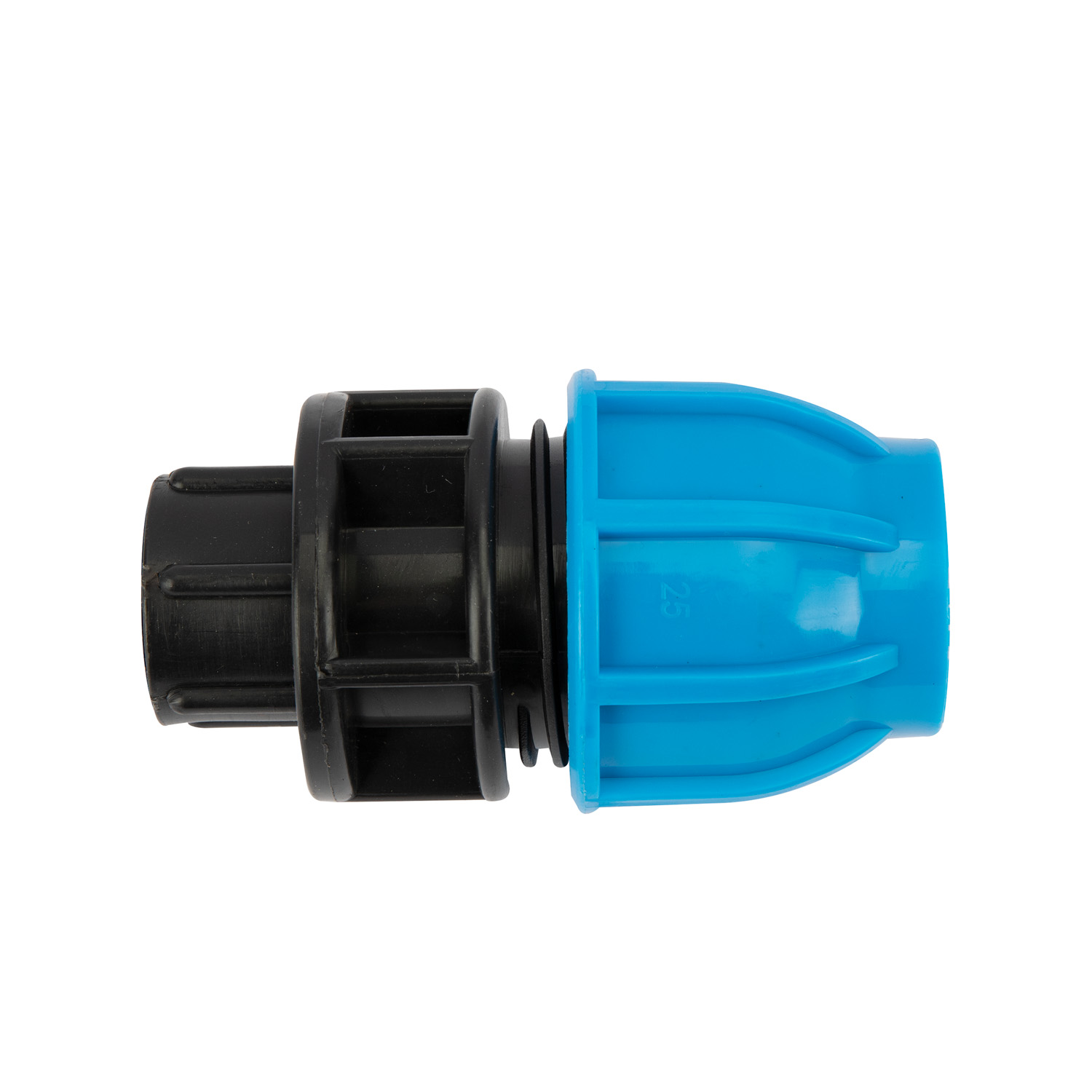 Racord compresiune egal PEHD, 25mm, filet interior, 1/2", polipropilena, negru-albastru