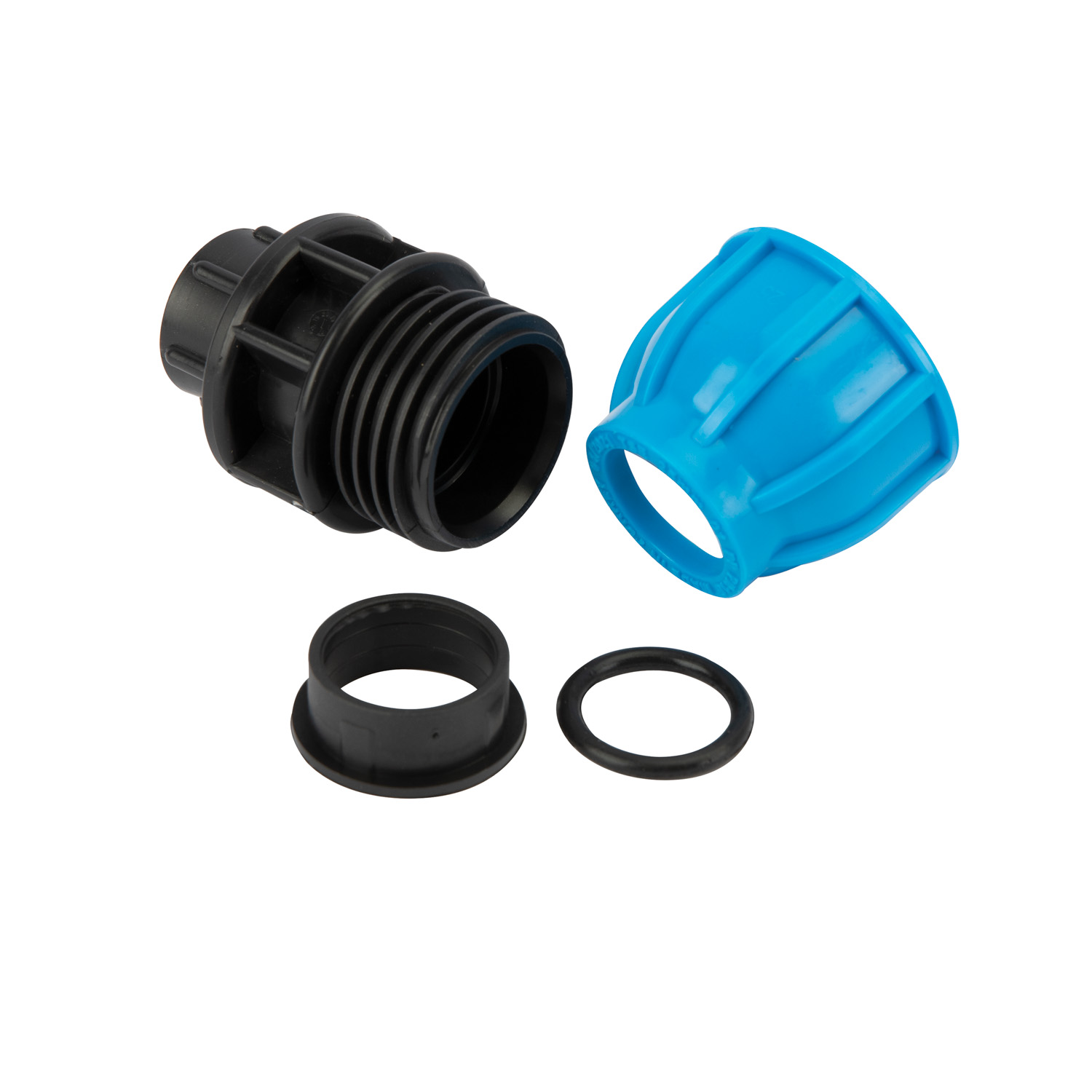 Racord compresiune egal PEHD, 25mm, filet interior, 1/2", polipropilena, negru-albastru