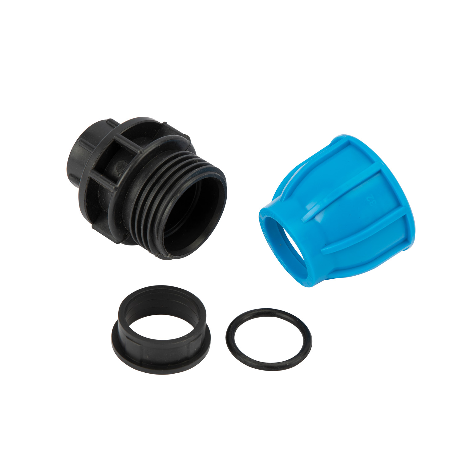 Racord compresiune egal PEHD, 32mm, filet interior, 3/4", polipropilena, negru-albastru