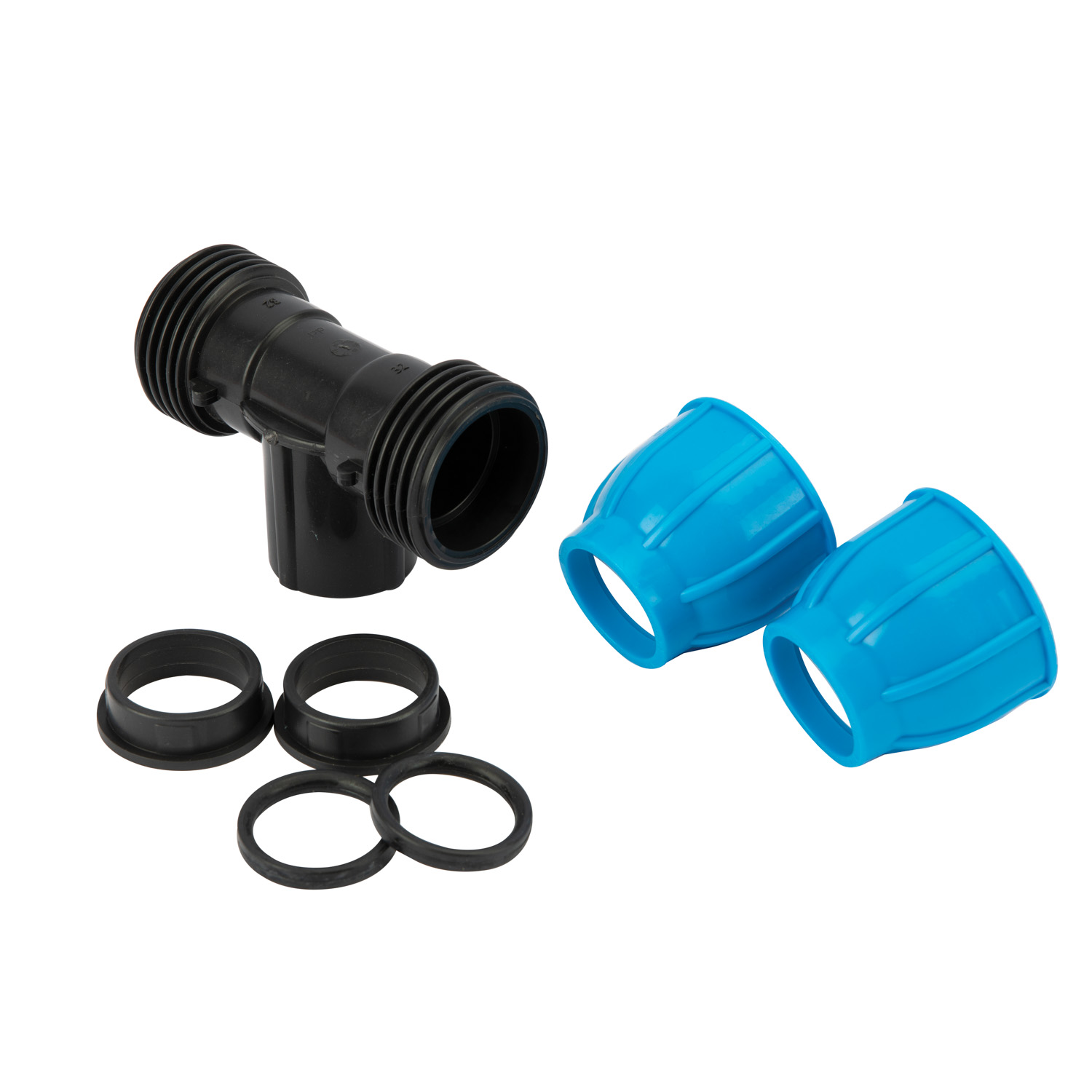 Teu compresiune egal PEHD, 32mm, filet interior, 1", polipropilena, negru-albastru