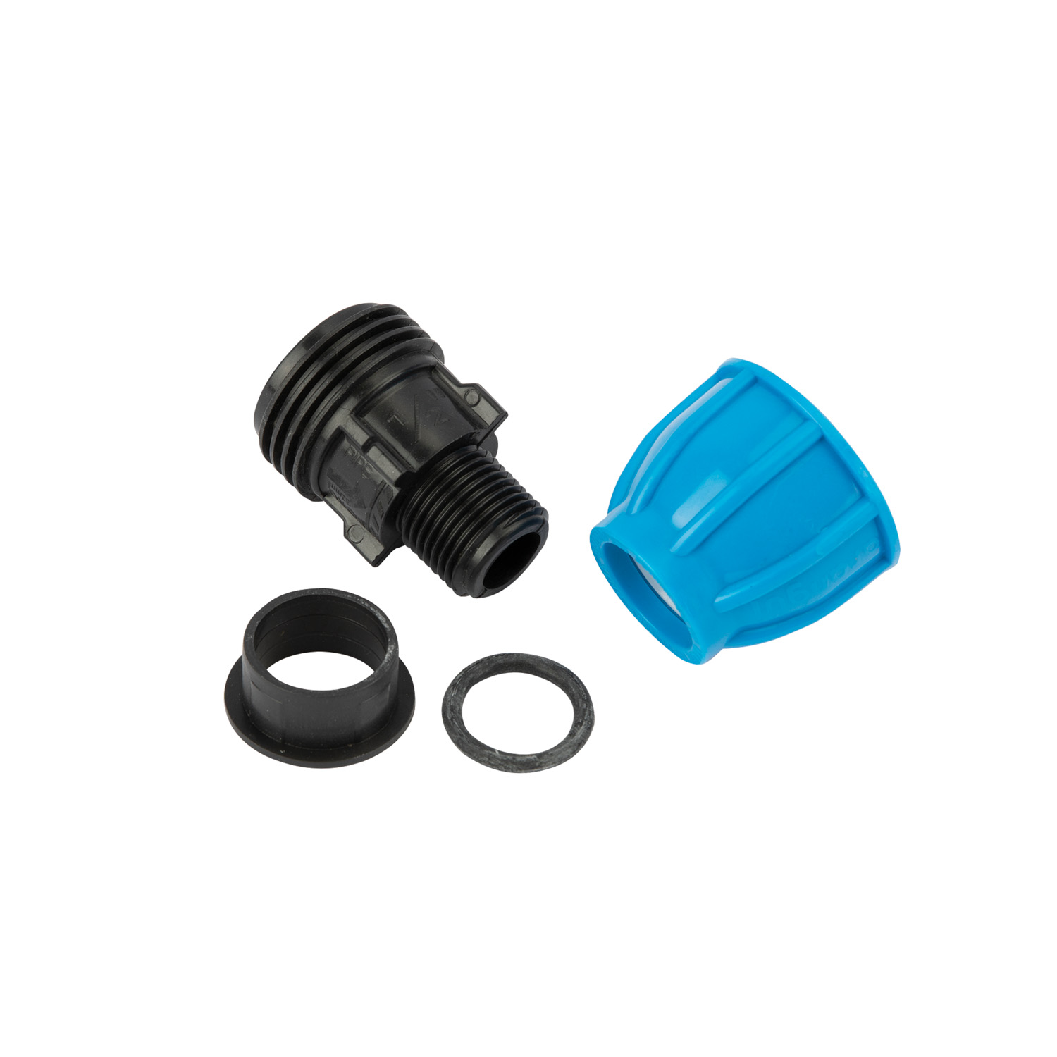 Racord compresiune egal PEHD, 20mm, filet exterior, 1/2", polipropilena, negru-albastru
