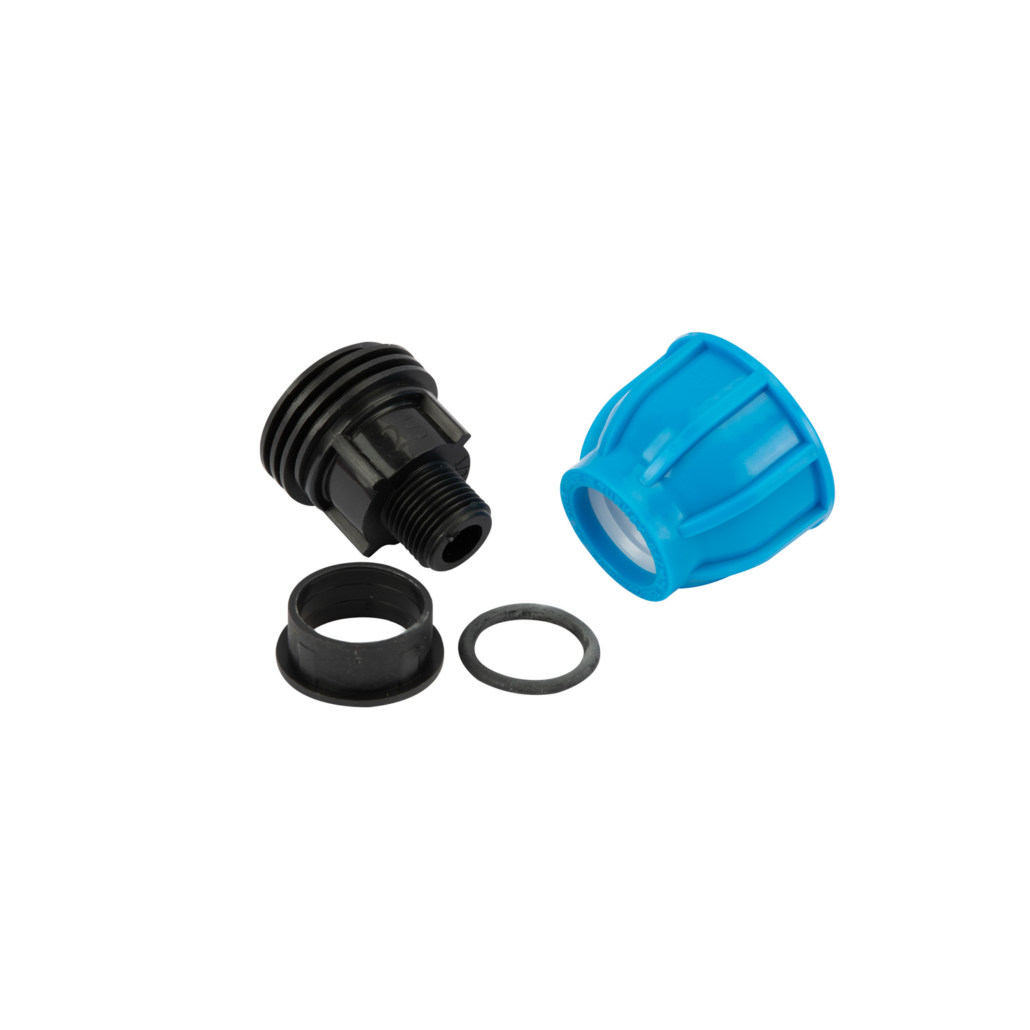 Racord compresiune egal PEHD, 25mm, filet exterior, 1/2", polipropilena, negru-albastru
