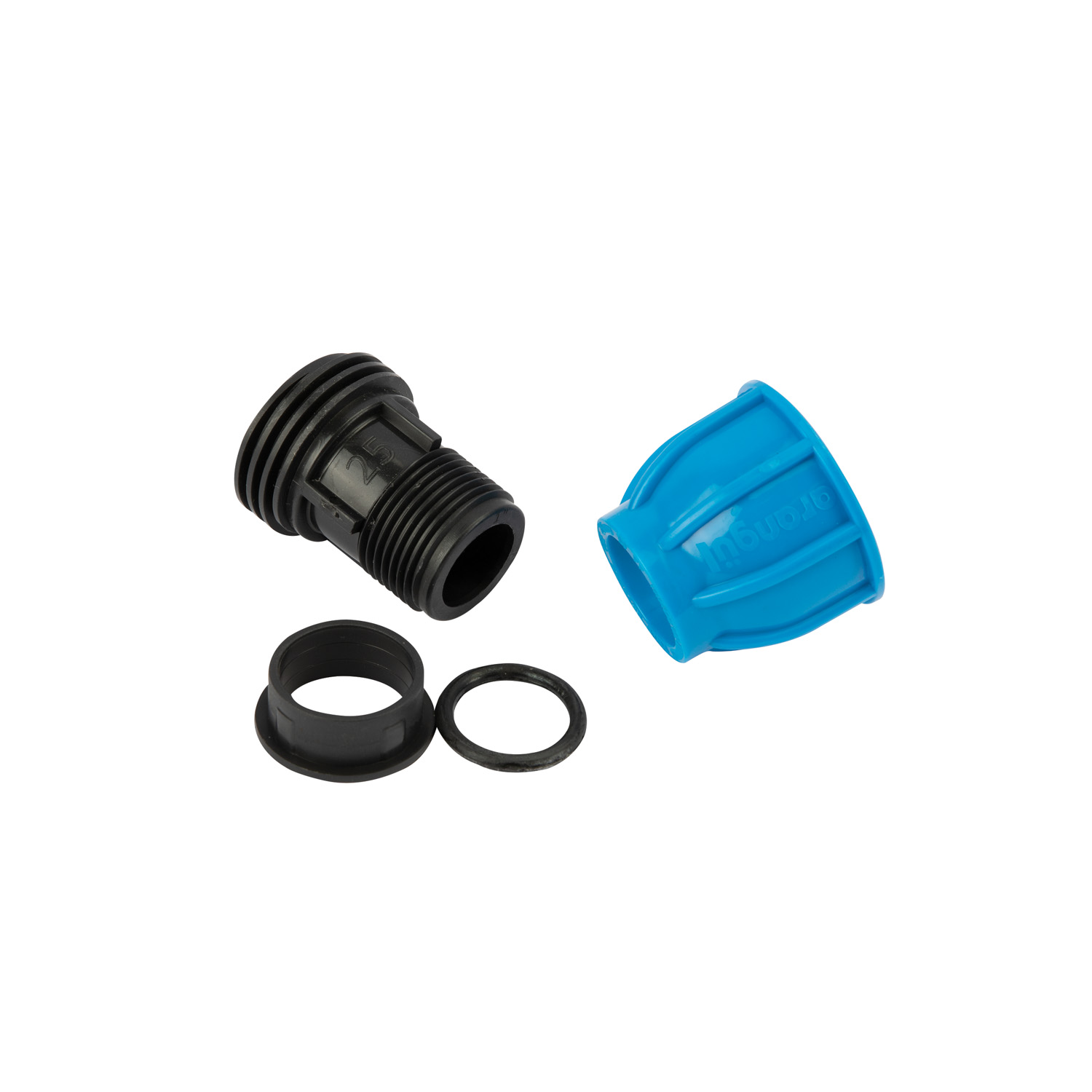 Racord compresiune egal PEHD, 25mm, filet exterior, 1", polipropilena, negru-albastru