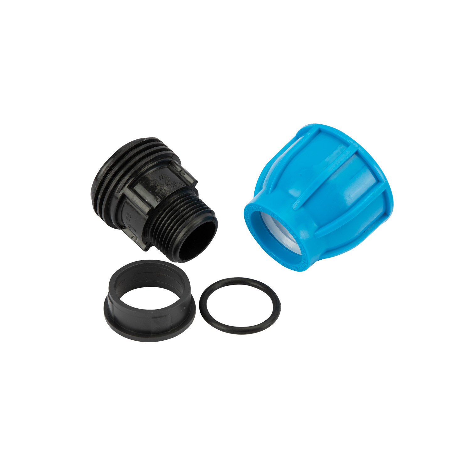 Racord compresiune egal PEHD, 32mm, filet exterior, 1", polipropilena, negru-albastru