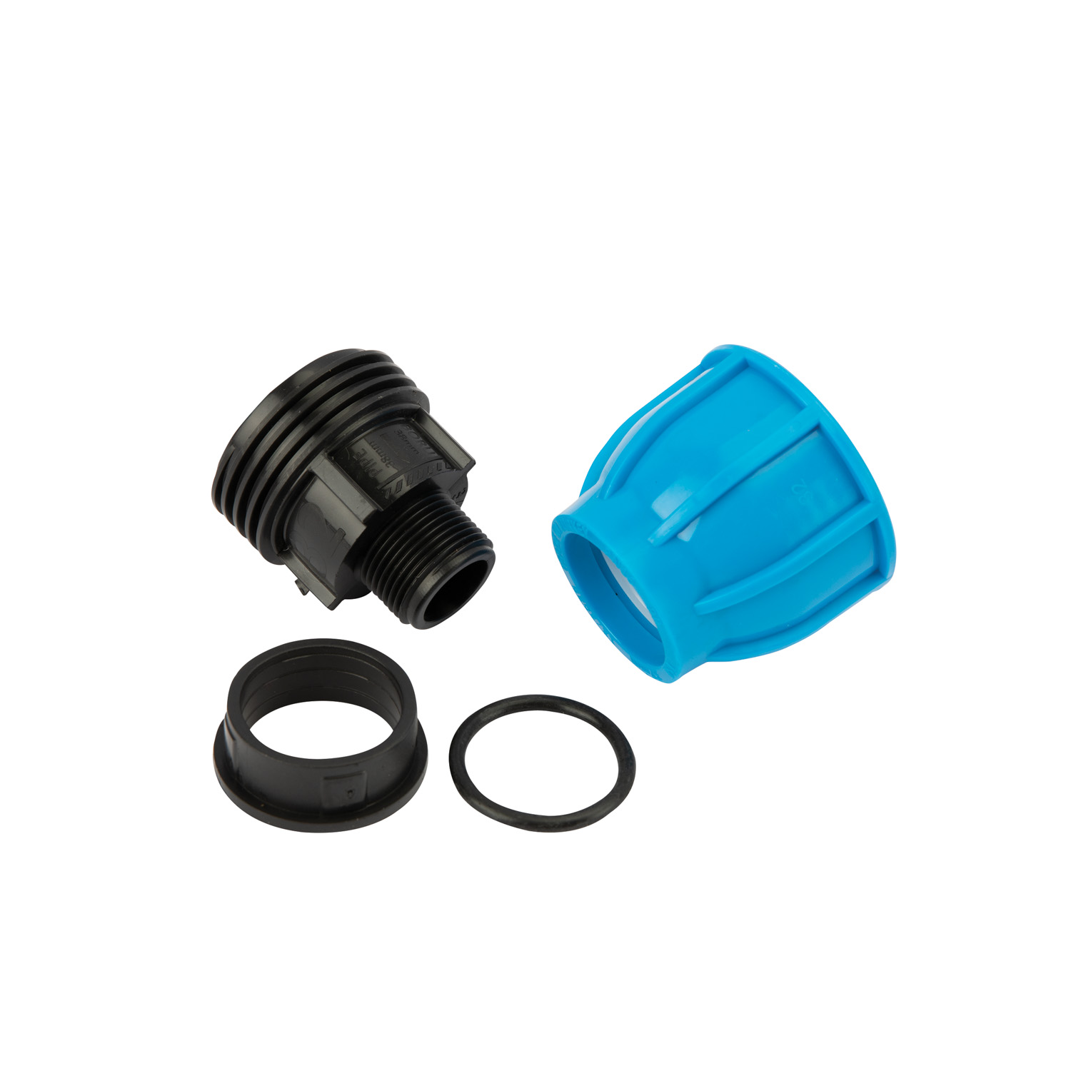 Racord compresiune egal PEHD, 32mm, filet exterior, 3/4", polipropilena, negru-albastru