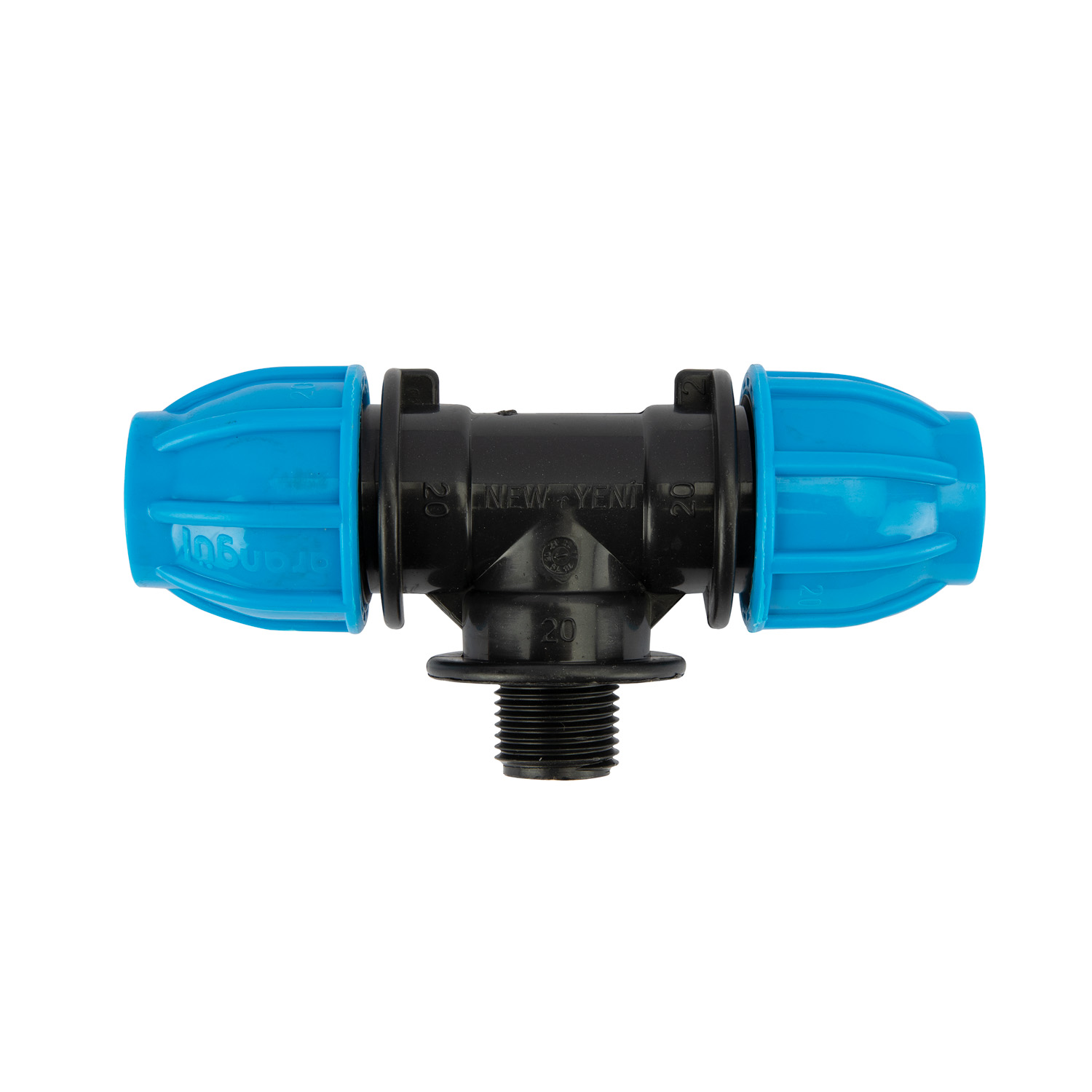 Teu compresiune egal PEHD, 20mm, filet exterior, 1/2", polipropilena, negru-albastru