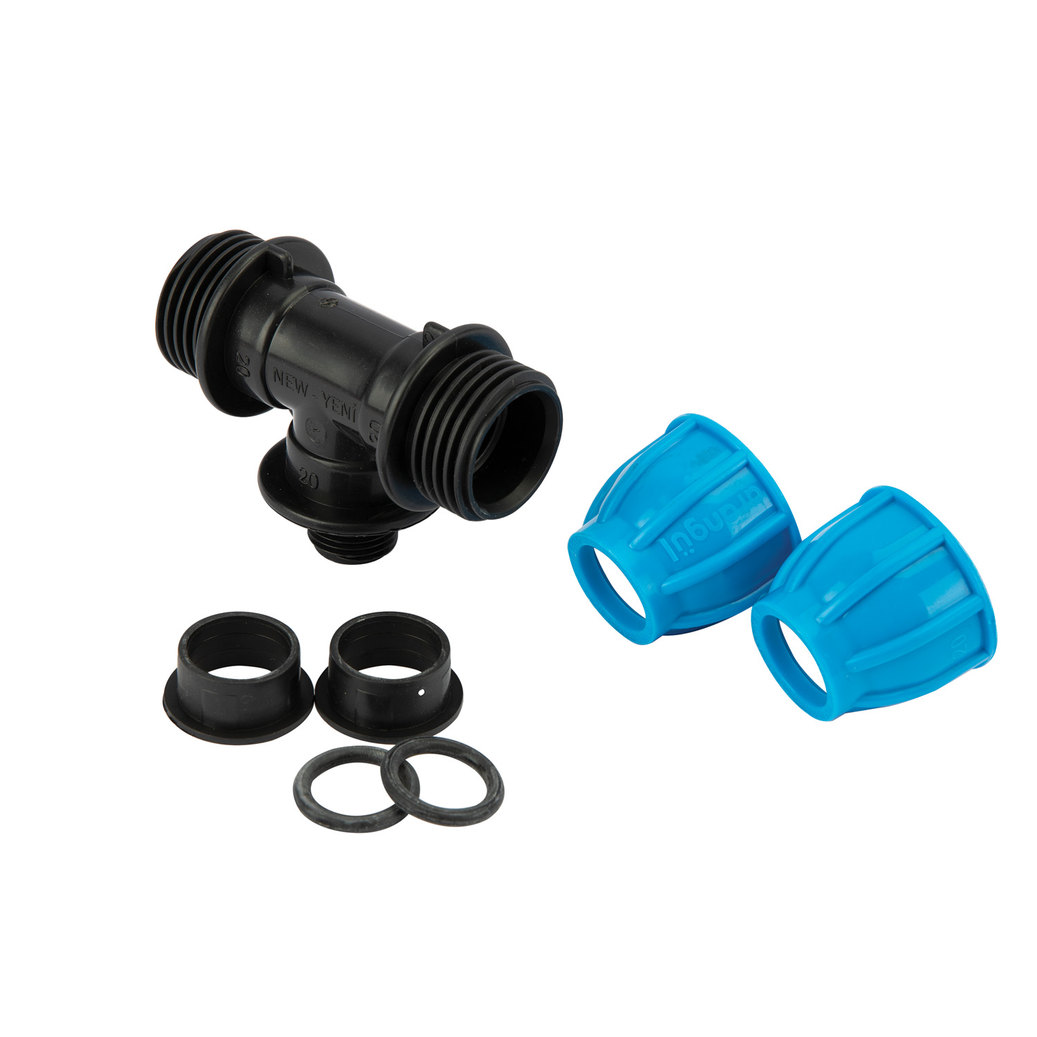 Teu compresiune egal PEHD, 20mm, filet exterior, 1/2", polipropilena, negru-albastru