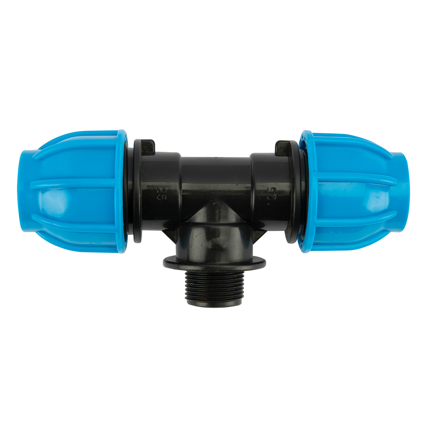 Teu compresiune egal PEHD, 25mm, filet exterior, 3/4", polipropilena, negru-albastru