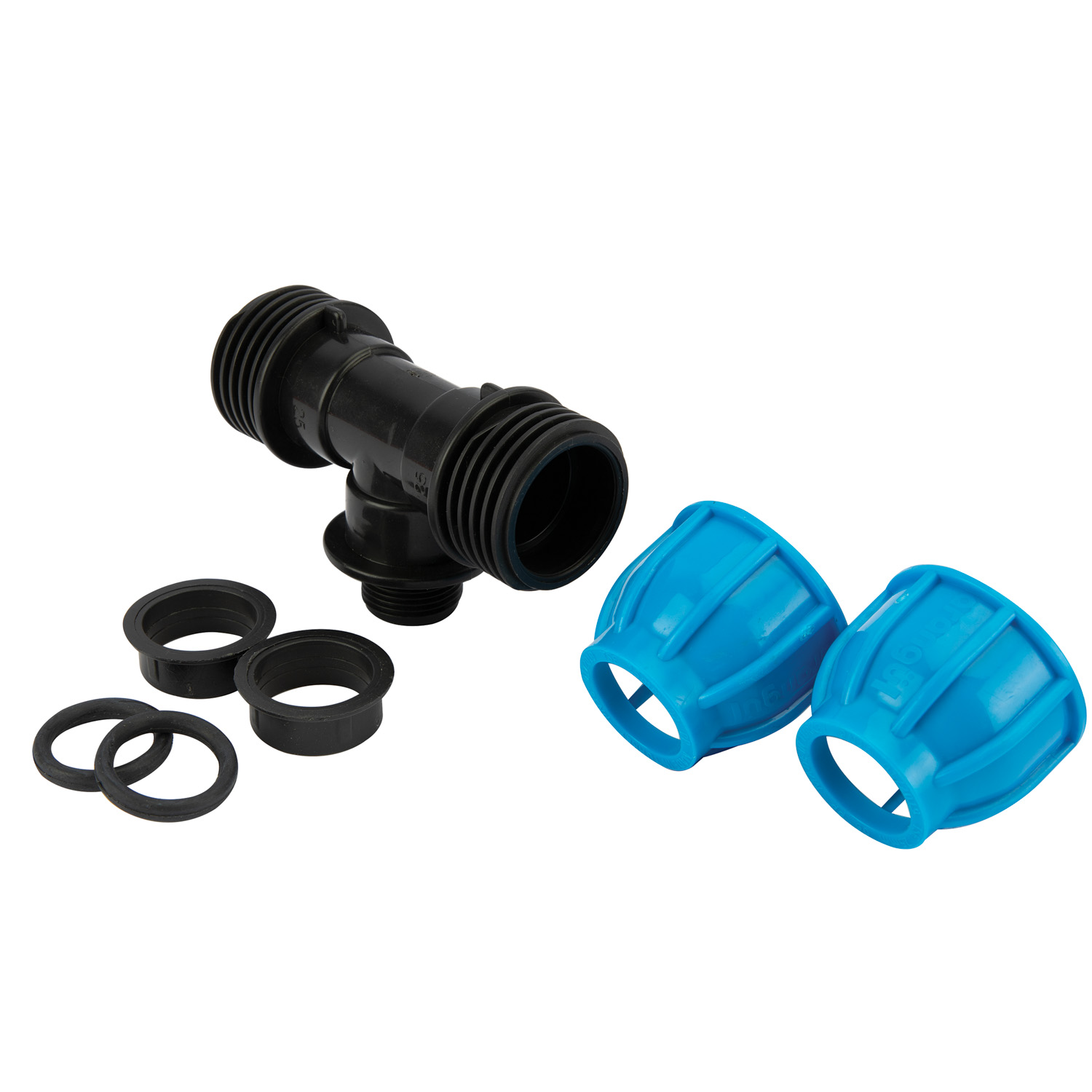 Teu compresiune egal PEHD, 25mm, filet exterior, 3/4", polipropilena, negru-albastru