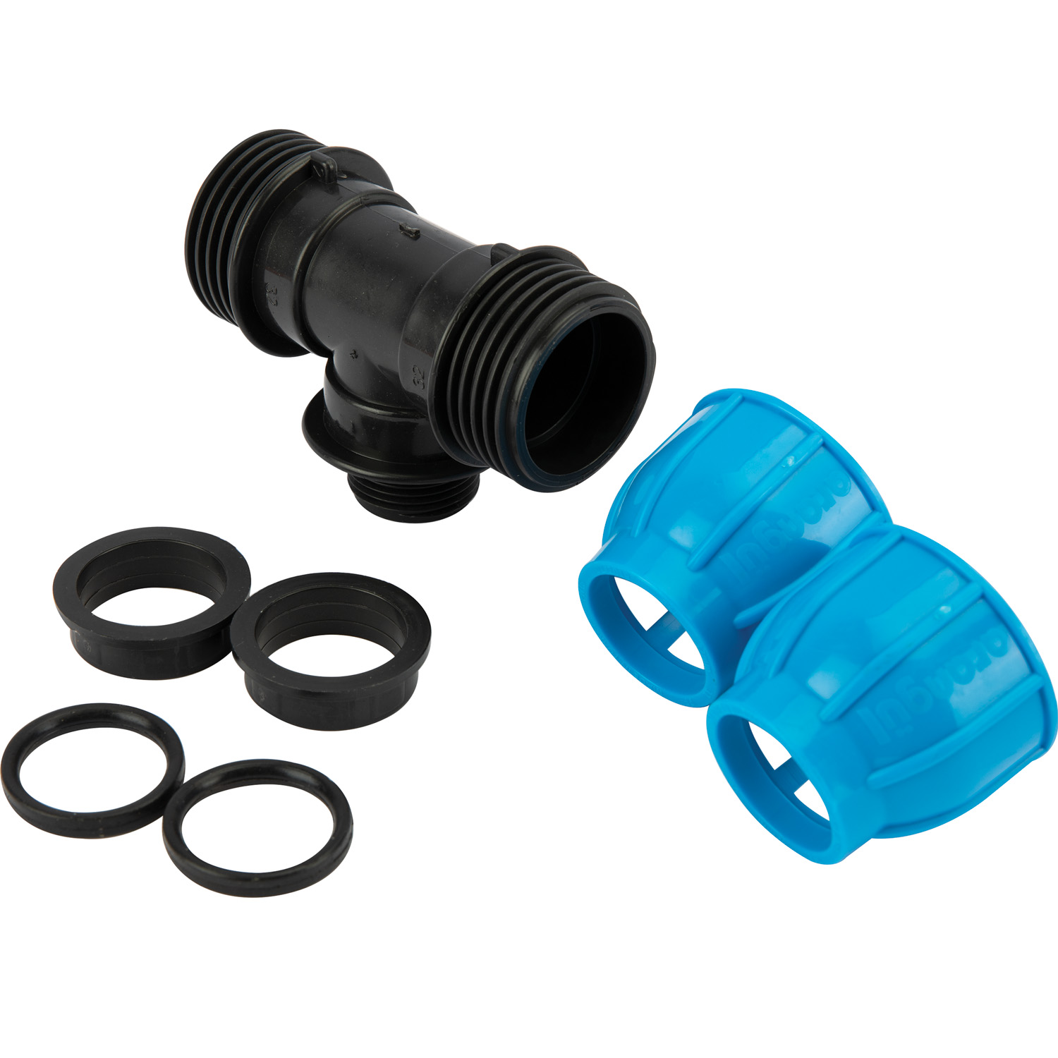 Teu compresiune egal PEHD, 32mm, filet exterior, 1", polipropilena, negru-albastru