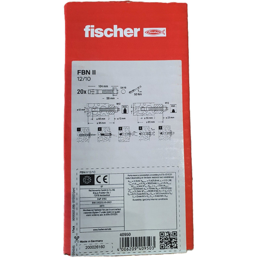 Ancora metalica FISCHER FBN II, 12 x 105 mm, 20 buc, argintiu