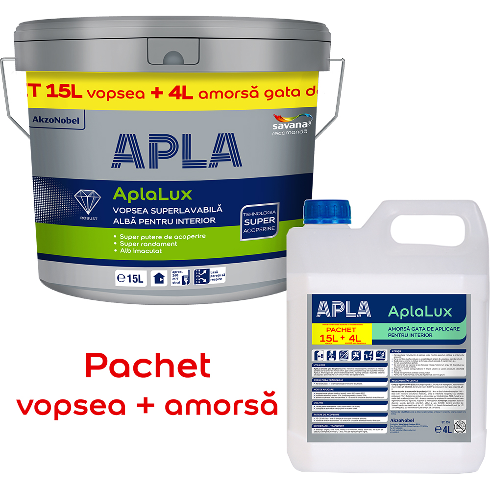 Set Vopsea superlavabila APLA AplaLux, alb, 15 L + Amorsa APLA AplaLux, 15L